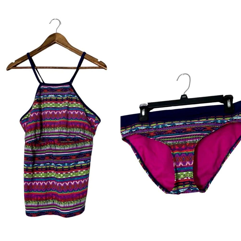 Title Nine Pink Geometric Tankini Set Womens Sz L/XL Full Coverage Swimsuit